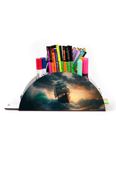 kutuTR Wooden VIP Ocean Series Rainbow Ruled Desktop Pen Holder Organizer with Assembled Box