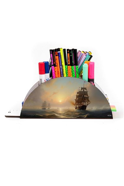 kutuTR Wooden VIP Ocean Series Rainbow Ruled Desktop Pen Holder Organizer with Assembled Box