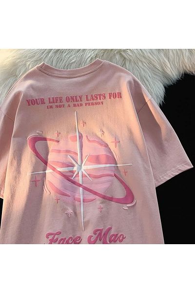 EFBUTİK Pink Unisex Hát Nyomtatott Saturn Star póló