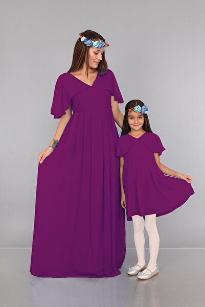 MODA LABİO Anne Kız Çocuk Mor Melek Kollu Elbise