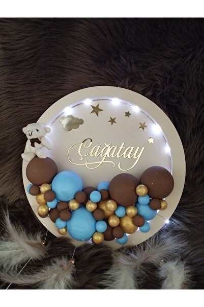 7Renk Ledli Ahşap Ayıcıklı Kapı Panosu Bubble Kız-Erkek Bebek Kapı Süsü ,Pembe-Mavi Hastane Kapı Süsü