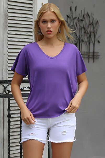 Chiccy Ανοιχτό μωβ πλεκτό μπλουζάκι με λαιμόκοψη V με χαμηλό μανίκι