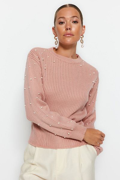 Trendyol Collection Pulover cu gât crew cu detaliu din perla pudră TWOAW22KZ1493
