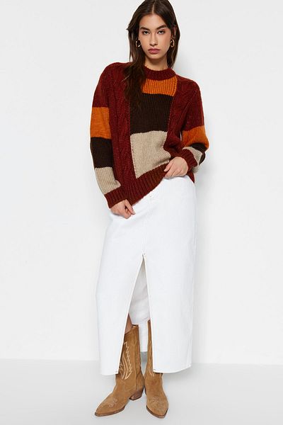Trendyol Collection Tile Soft Textured Color Blocked Crew Neck Knitwear Sweater TWOAW24KZ00194