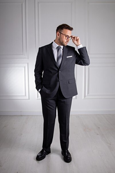 Sarar Jam Saxon Klasik Kalıp (4-Drop) Mono Yaka Koyu Gri Takım Elbise