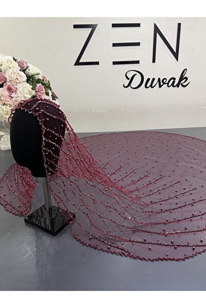 ZEN DUVAK Gelin Duvağı Bordo Nakışlı Kasnak