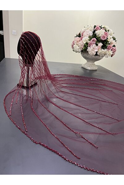 ZEN DUVAK Gelin Duvağı Nakışlı Bordo Kasnak Duvak Kristal