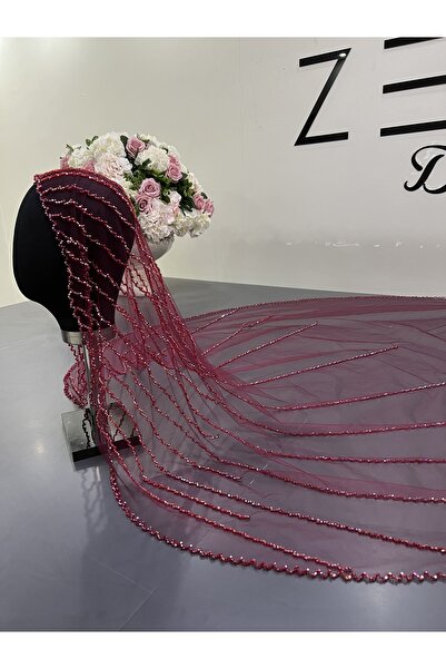 ZEN DUVAK Gelin Duvağı Nakışlı Bordo Kasnak Duvak Kristal