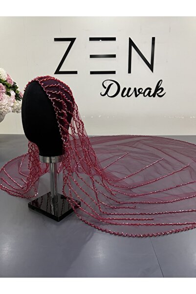 ZEN DUVAK Gelin Duvağı Nakışlı Bordo Kasnak Duvak Kristal
