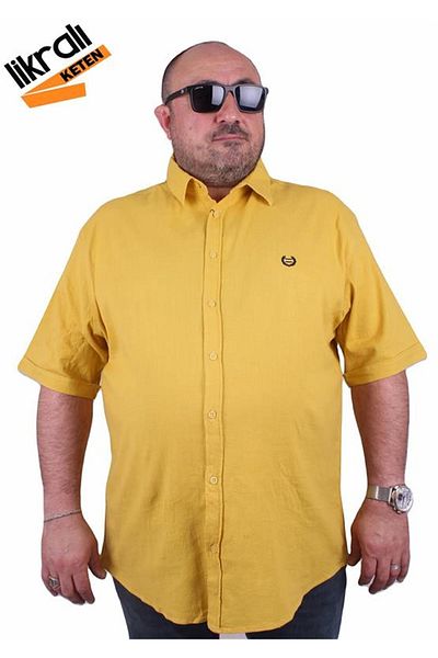 Starbattal Large Size Short Sleeve Men's Lycra Linen Shirt 11300 Mustard