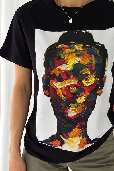 FEMELLE Tricou negru din bumbac imprimat nou sezon pentru femei