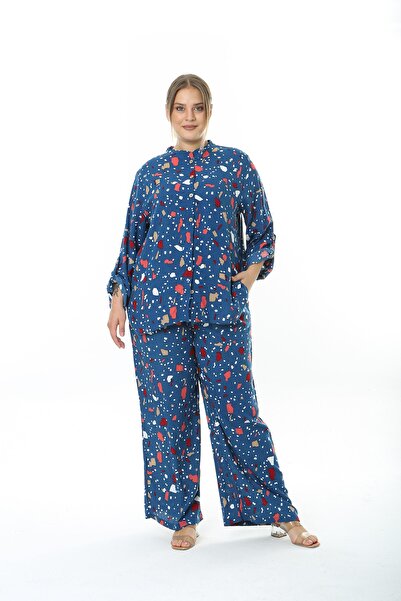 XL Modam Costum de damă țesut din viscoză albastru cu model