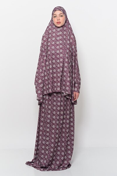 Altobeh Practical Two-Piece Sun Patterned Bat Sleeve Hijab Lycra Muslim Prayer Dress 992-0317