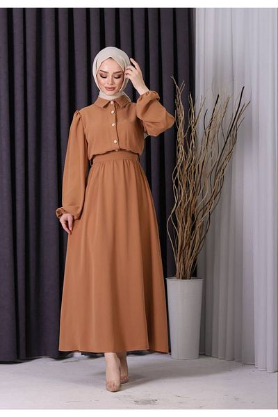 Neşeli Butik γυναικείο κουμπί λεπτομερές εισαγόμενο υφασμάτινο φόρεμα SMS003