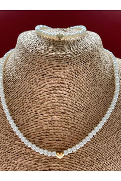 Girift Vintage Pearlove Heart Figured Pearl Necklace Pearl Bracelet 2-Piece Lover Gift Daily Stylish Jewelry Set