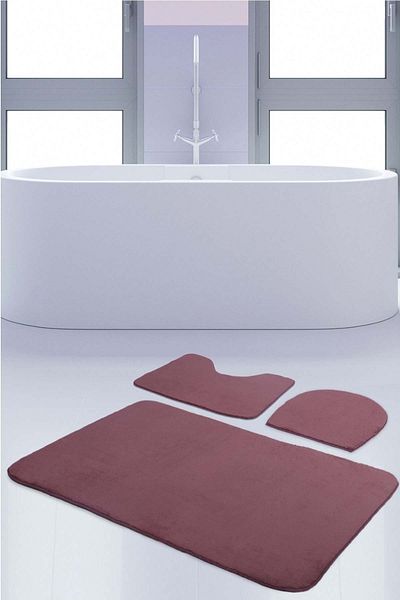Teksev Set de covoare de baie din 3 bucăți, unicolor, prune, antiderapante, pentru scaune de toaletă lavabile, pe bază de piele