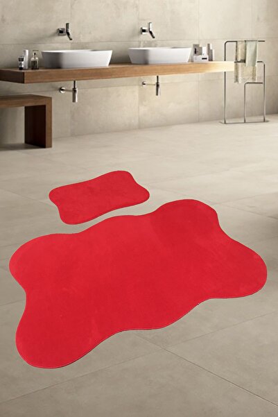 Teksev Anatolia 2-Piece Red 80x140 + 50x70 Cm Large Size Bath Mat Set Non-Slip Base Toilet Seat