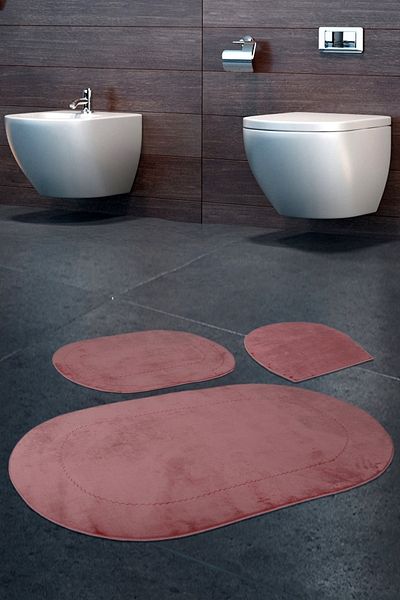 Teksev Rixos Powder 3-Piece Bathroom Rug Mat Set Non-Slip Leather Based Machine Washable Toilet Seat Set
