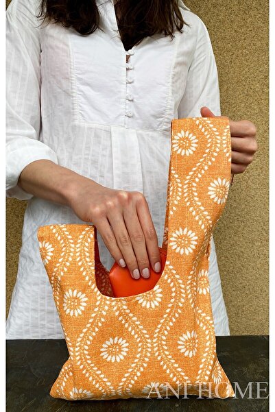 Anı Home Japon Düğümü Bilek Çantası Clutch Turuncu Beyaz Çiçek Desenli Duck K...