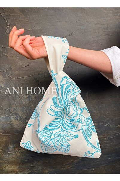 Anı Home Japon Düğümü Bilek Çantası Clutch Beyaz Mavi Çiçek Desenli Duck Kumaş