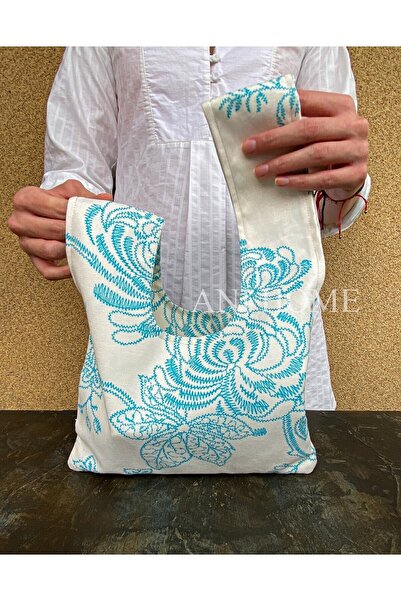 Anı Home Japon Düğümü Bilek Çantası Clutch Beyaz Mavi Çiçek Desenli Duck Kumaş