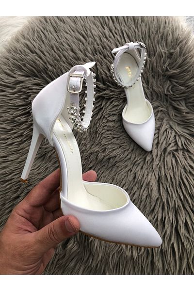 Hg Ayakkabı Nayan White Satin Heeled Stone Stiletto