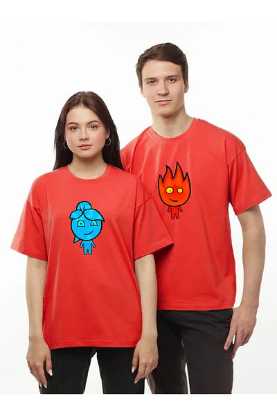 Pear Wear - Fire And Water Printed Couple T-shirt Μαύρο Oversize Lover T-shirt