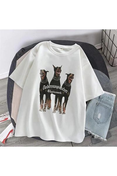 Gofeel Dobermans Printed White Color Unisex Oversize Printed T-shirt