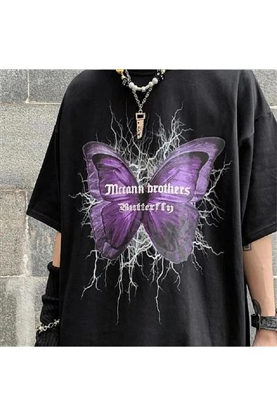 Gofeel Purple Butterfly Printed White Color Unisex Oversize Printed T-shirt