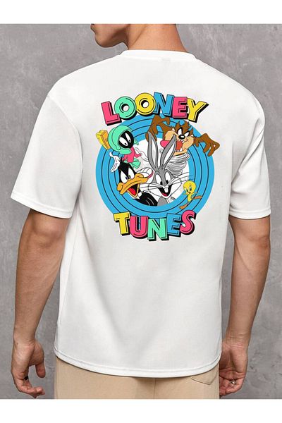 DEEPSENCE Ανδρικό μπλουζάκι Oversize LooneyTunes Πίσω Εκτύπωση Λευκό