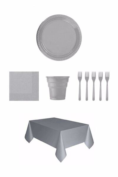 Parti Station Plastik Tabak Bardak Çatal Peçete Masa Ört Set Gold Gümüş Kırmı...