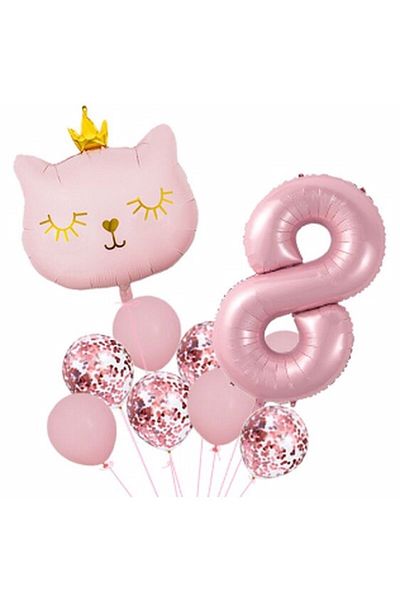 Parti Station Pink Cat 8 Year Old Balloon Set Balloon Foil Set Pink Cat Concept Birthday Set Age Balloon Set