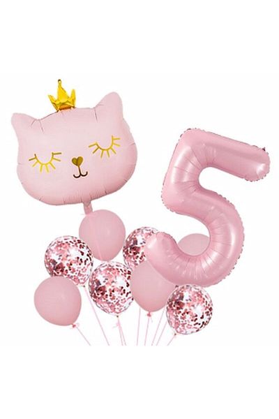 Parti Station Pink Cat 5 Year Old Balloon Set Balloon Foil Set Pink Cat Concept Birthday Set Age Balloon Set