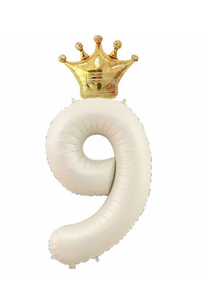 Parti Station Crown Foil Balloon Set Cream Color 9 Year Old Balloon Foil Set 80 Cm Concept Birthday Set Age Balloon Set