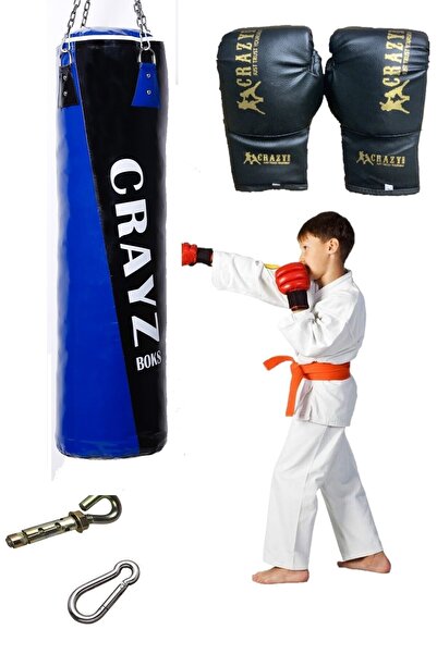 Crazy Çocuk Boks Torbası Çocuk Kum Torbası Çocuk Boks Eldiveni Set Askı Aparatı Mavi Siyah