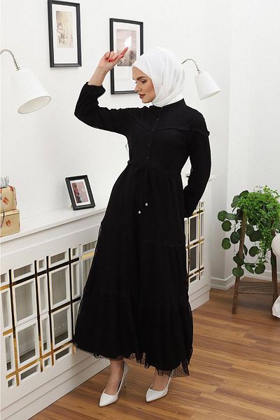 Neşeli Butik Γυναικείο Κουμπιά Λεπτομερές Φόρεμα Hijab Rssn44 - Μαύρο