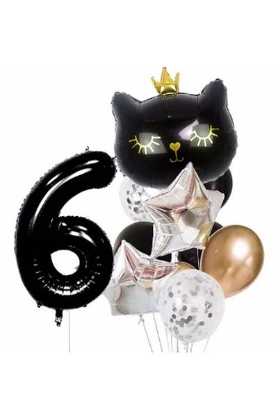 Parti Station Black Cat Black Cat 6 Years Old Balloon Set Star Balloon Foil Set Black Cat Concept Birthday Set