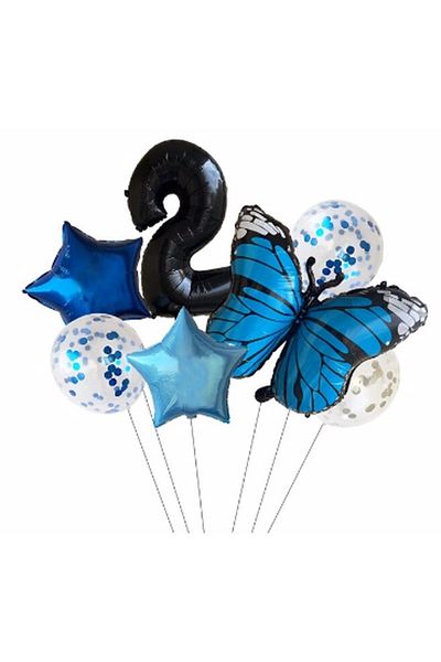 Parti Station Blue Butterfly 2 Year Old Balloon Set Star Balloon Foil Set Butterfly Concept Birthday Set Age Balloon Set
