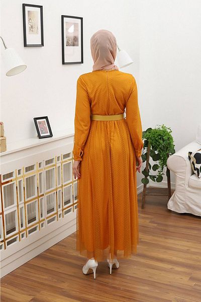 Neşeli Butik γυναικείο πουά φόρεμα με λαιμόκοψη RSSN45 - Μουσταρδί