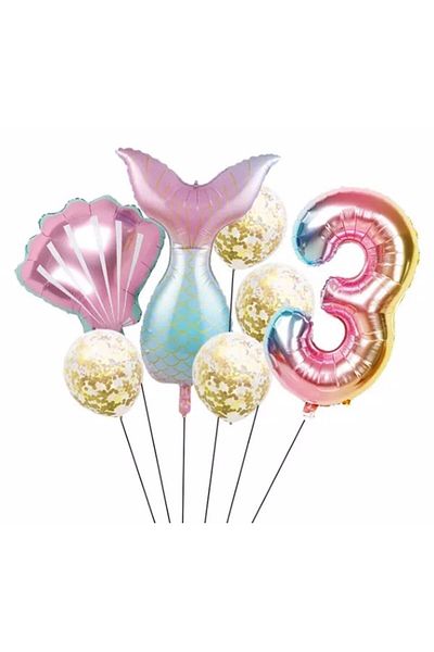 Parti Station Mermaid 3 Years Old Tail Foil Balloon Set Mermaid Concept Birthday Set Age Balloon Set