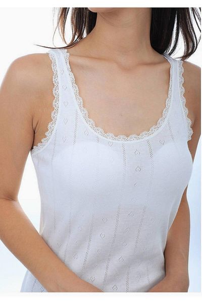 Tutku Women's Ecru Jacquard Wide Strap Cotton Undershirt 1 Pack New Season (6 Pieces Economical Pack)