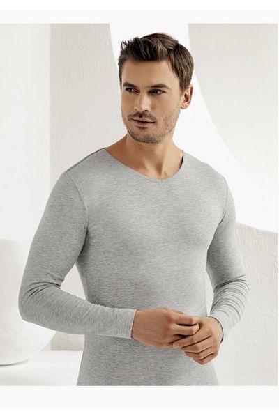Şahinler Men's Gray Long Sleeve V-Neck Undershirt M Gr New Season (6 Pieces Economic Package)