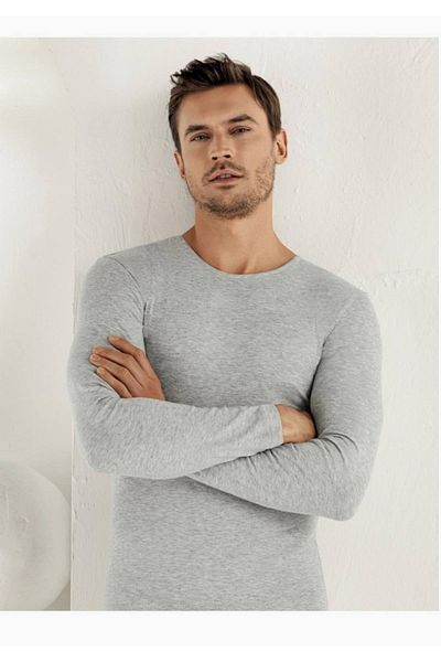 Şahinler Men's Gray Long Sleeve Crew Neck Lycra Undershirt M New Season (6 Pieces Economical Package)