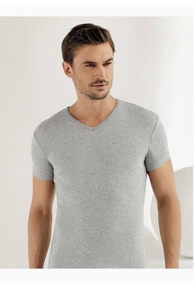 Şahinler Men's Gray Short Sleeve V-Neck Ribbed Undershirt M New Season (6 Pieces Economical Package)