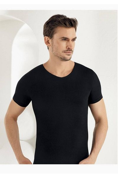 Şahinler Men's V-Neck Lycra Black Single Jersey Undershirt - Short Sleeve, M New Season (9 Pieces Economic Pack)