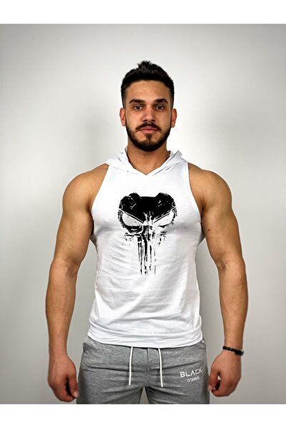 Black İstanbul Punisher Mask Printed Hooded Fitness Undershirt