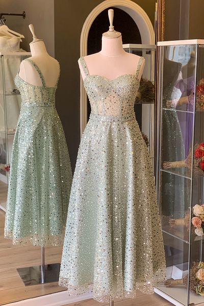 Lenta Moda Water Green Jewelled Midi Length Evening Dress and Evening Dress
