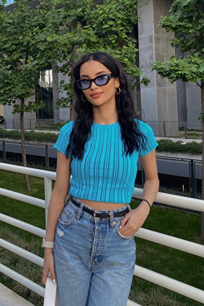 Bipantolon Women's Blue Line Embossed Detailed Short Sleeve Transparent Blouse