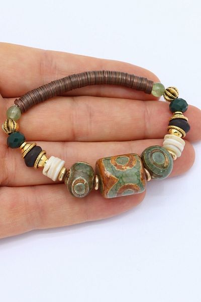 Esra Pamir Khaki Coffee Color Tibetan Agate Mother of Pearl Glass Ceramic Brass Natural Stone Handmade Bracelet