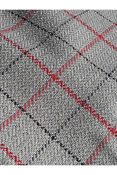 B'Dekor Kırmızı Toprak Rengi Ekose Desenli Keten Jakarlı Döşemelik Kumaş Koltuk Kumaşı